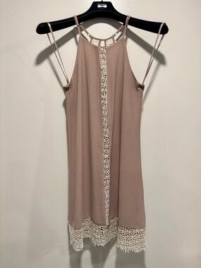 Lulu's Taupe Mini Dress with Ivory Crochet Trim